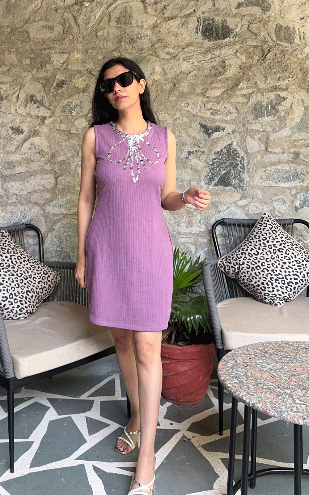 Bowtique Sparkle- mauve ribbed dress
