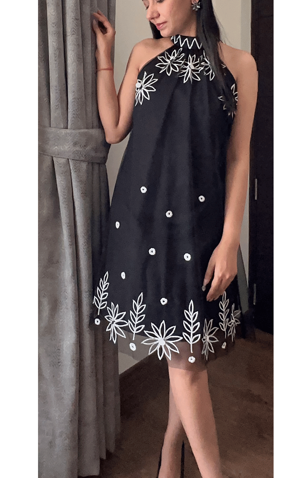 Twirl into style Halter - black embroidered dress
