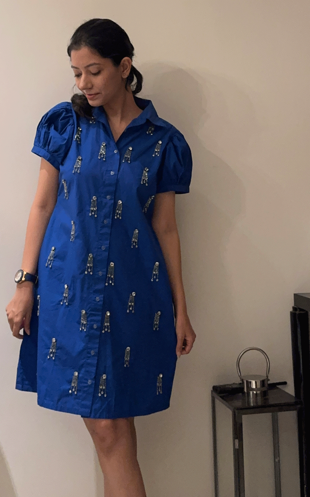 Bedazzled- cotton crystal stones embellished shirt dress