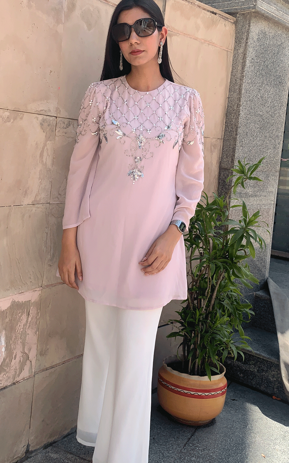 Ensemble-purple white Embroidered co-ord set