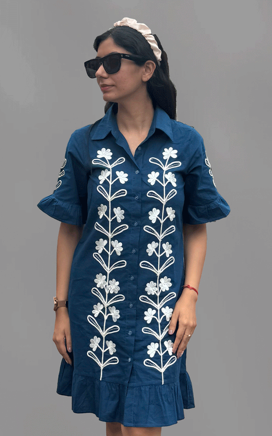 Navy -white Dori embroidered ruffle shirt dress