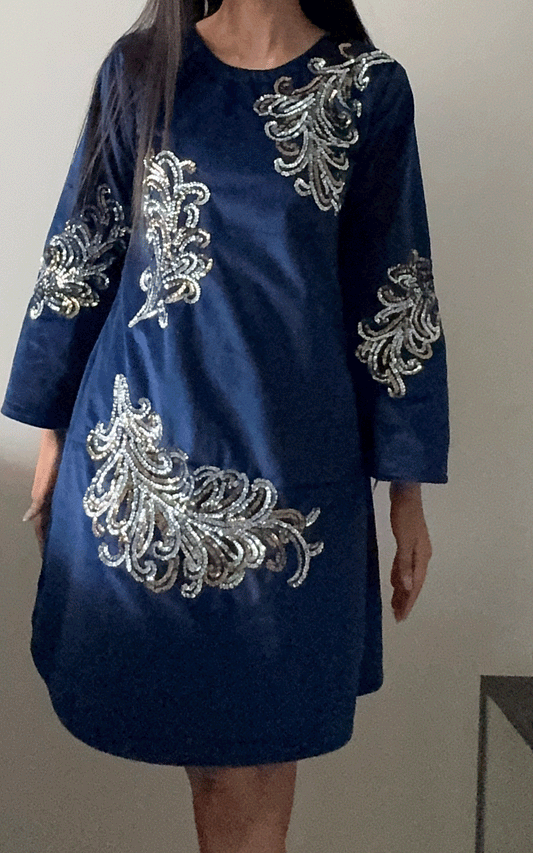 Blue velvet embellished party wear dress