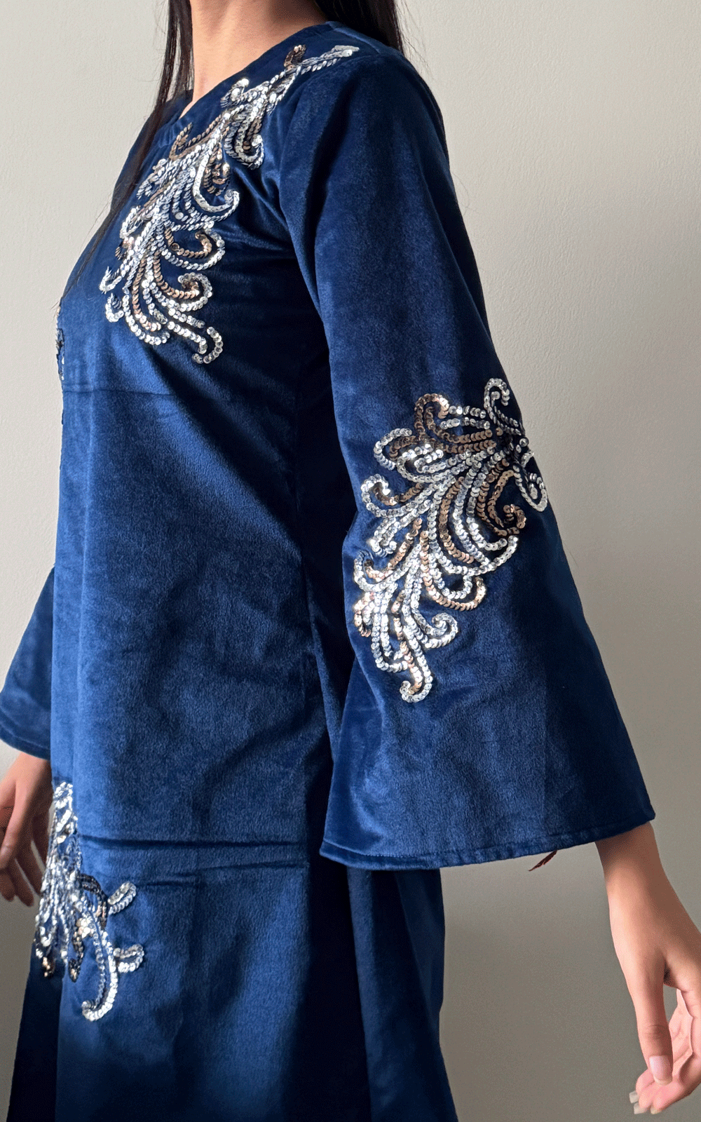 Blue velvet embellished party wear dress