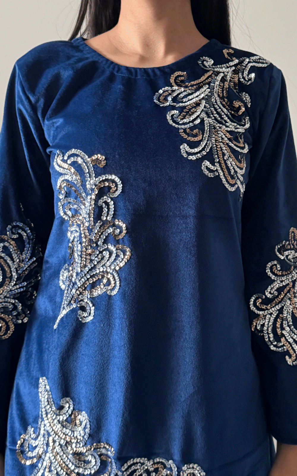 Blue velvet embellished party wear dress