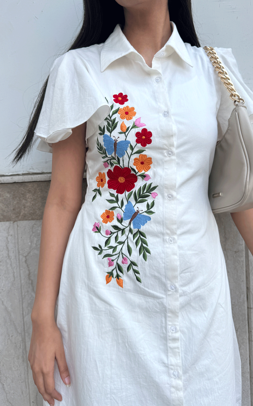 White cotton- thread embroidered shirt dress