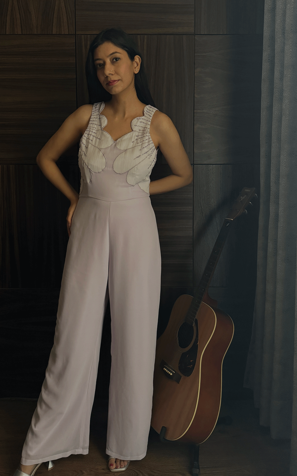 Lilac scallop fabric applique party wear jumpsuit.