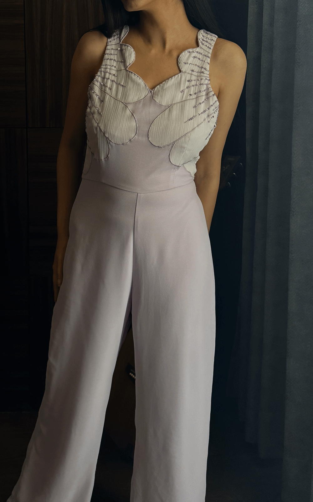 Lilac scallop fabric applique party wear jumpsuit.