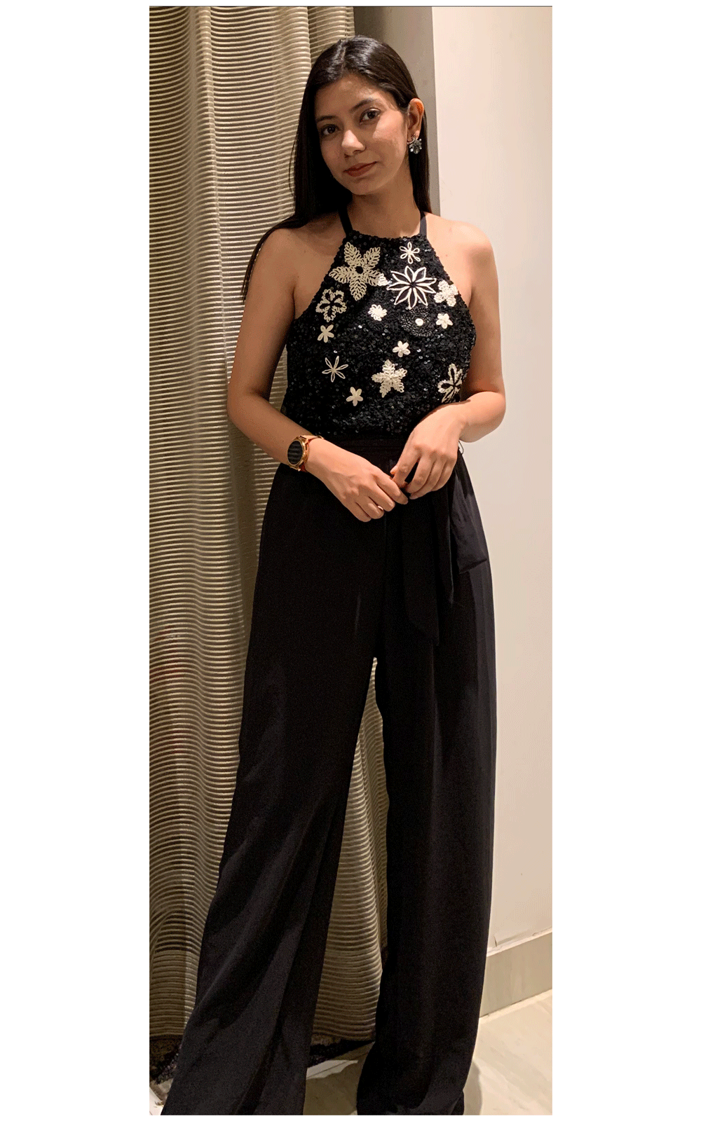 Halterneck hand embroidered party jumpsuit