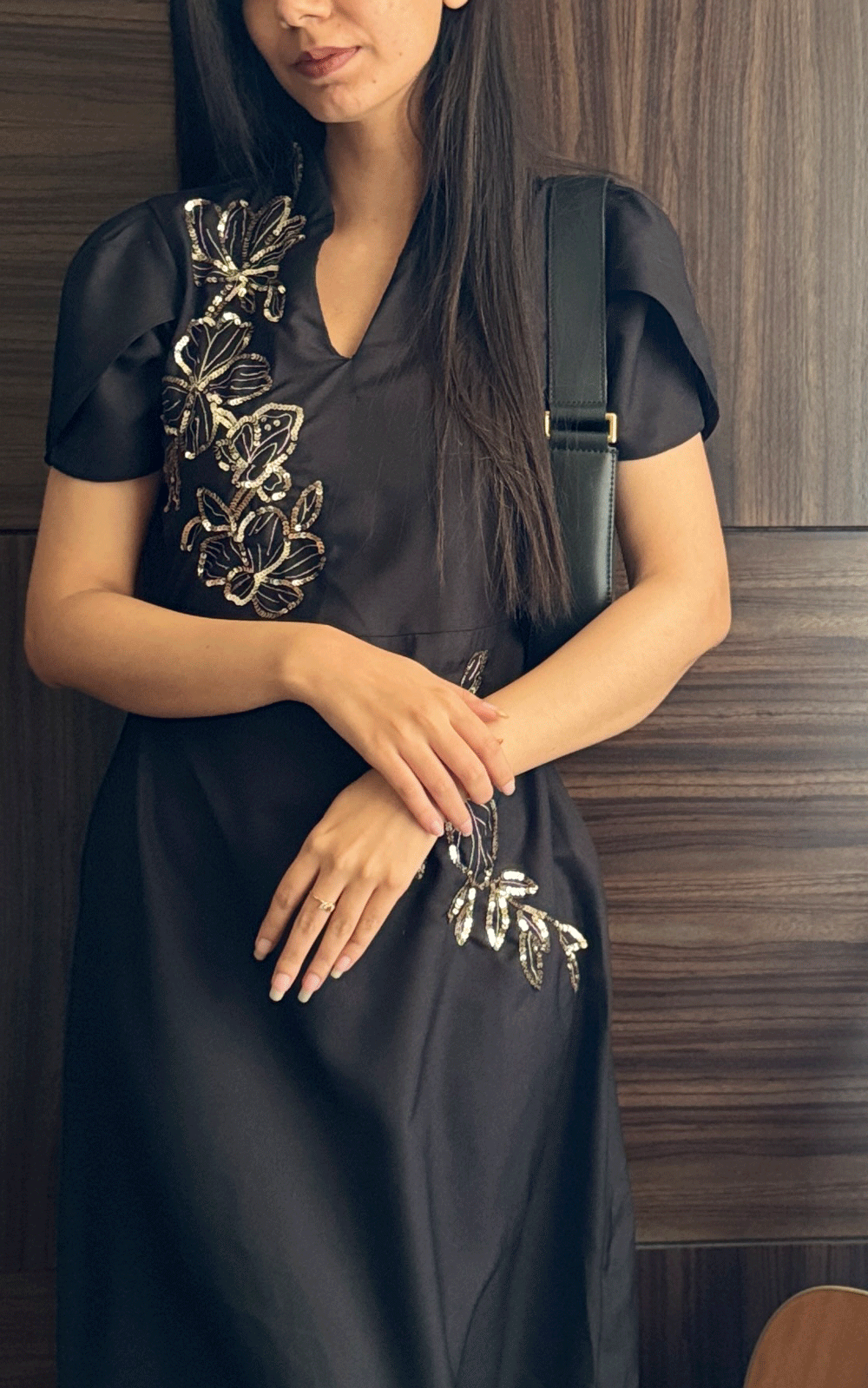 Black crepe Embroidered party dress