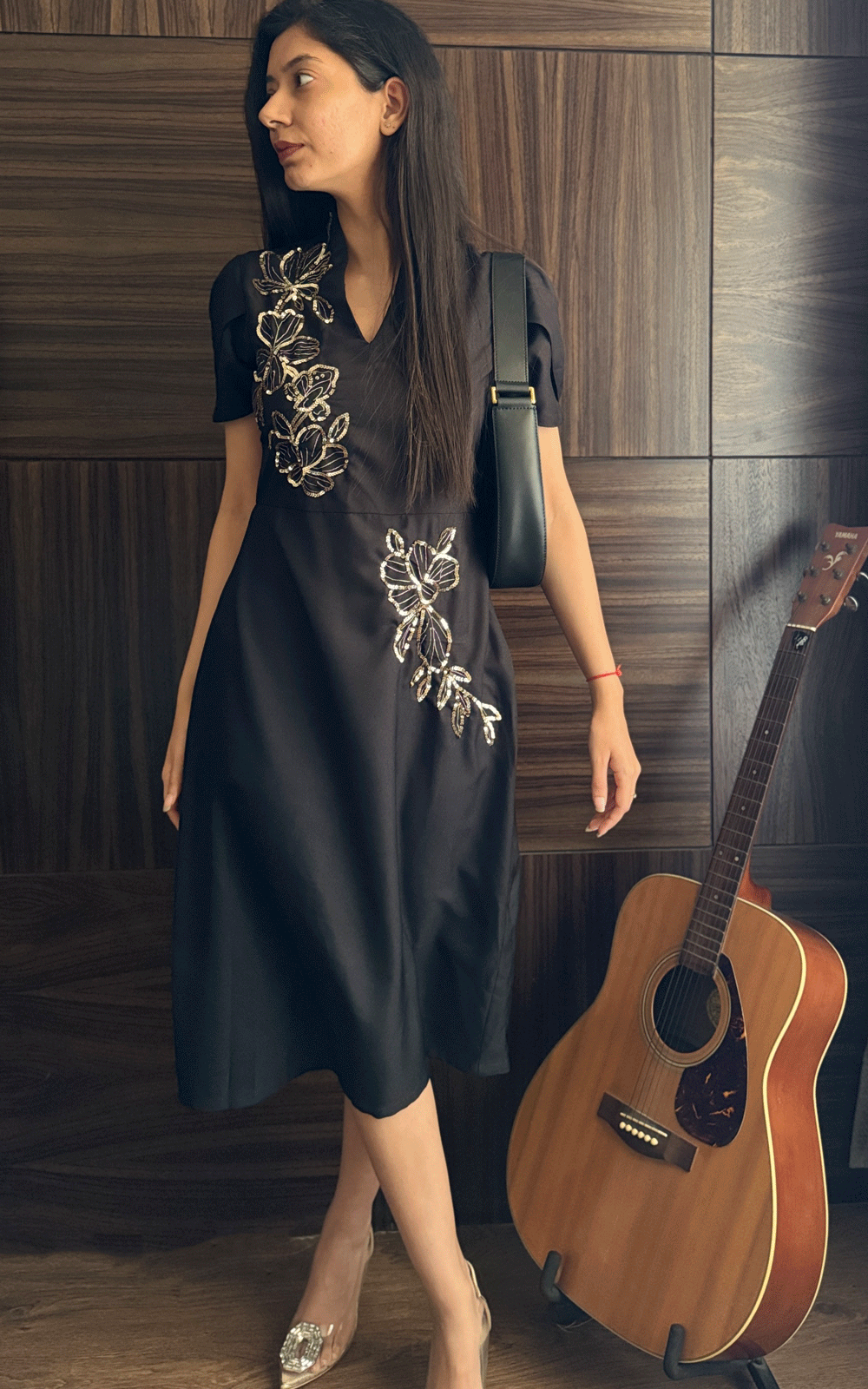 Black crepe Embroidered party dress