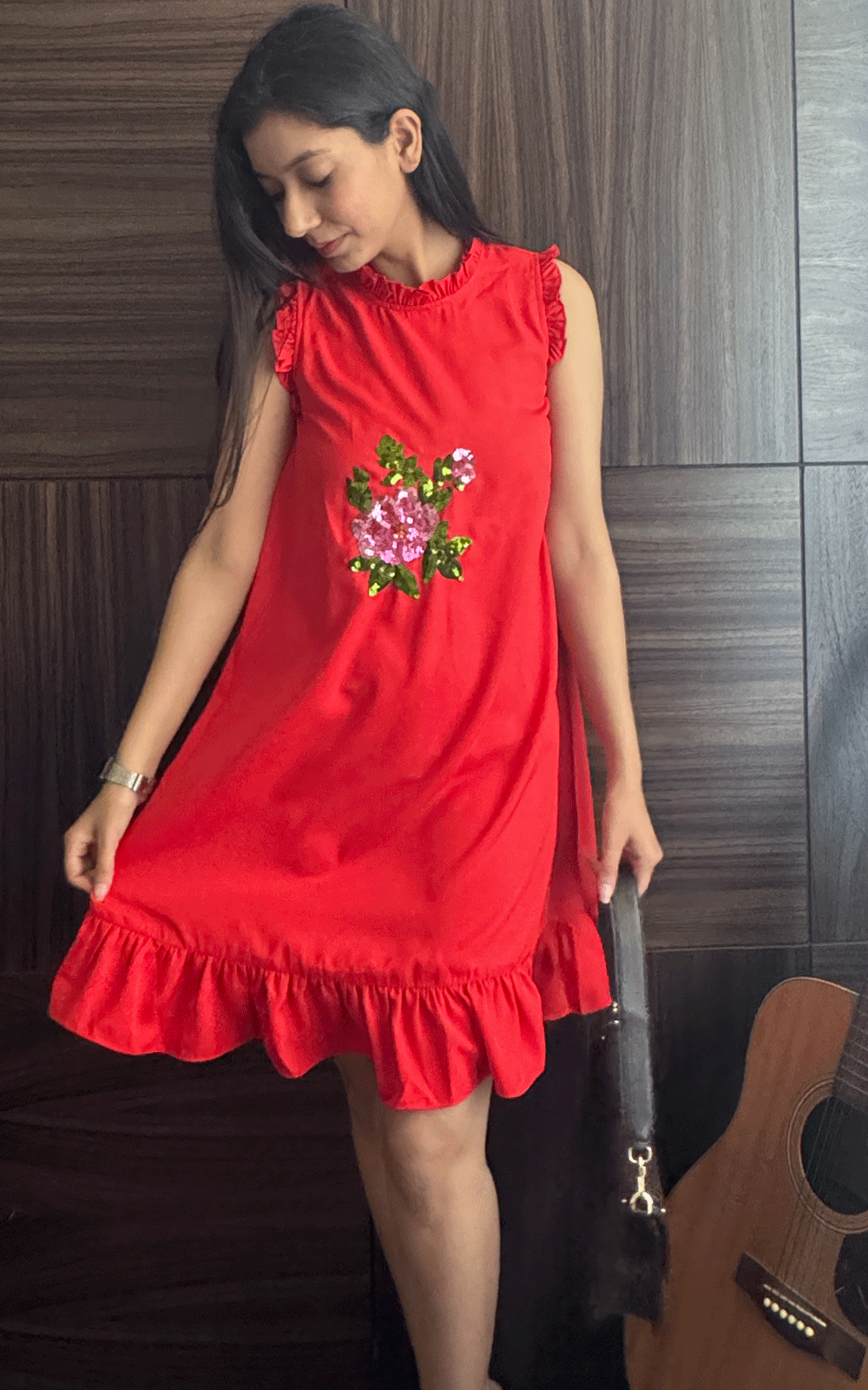 Red hot - crepe embroidered dress.
