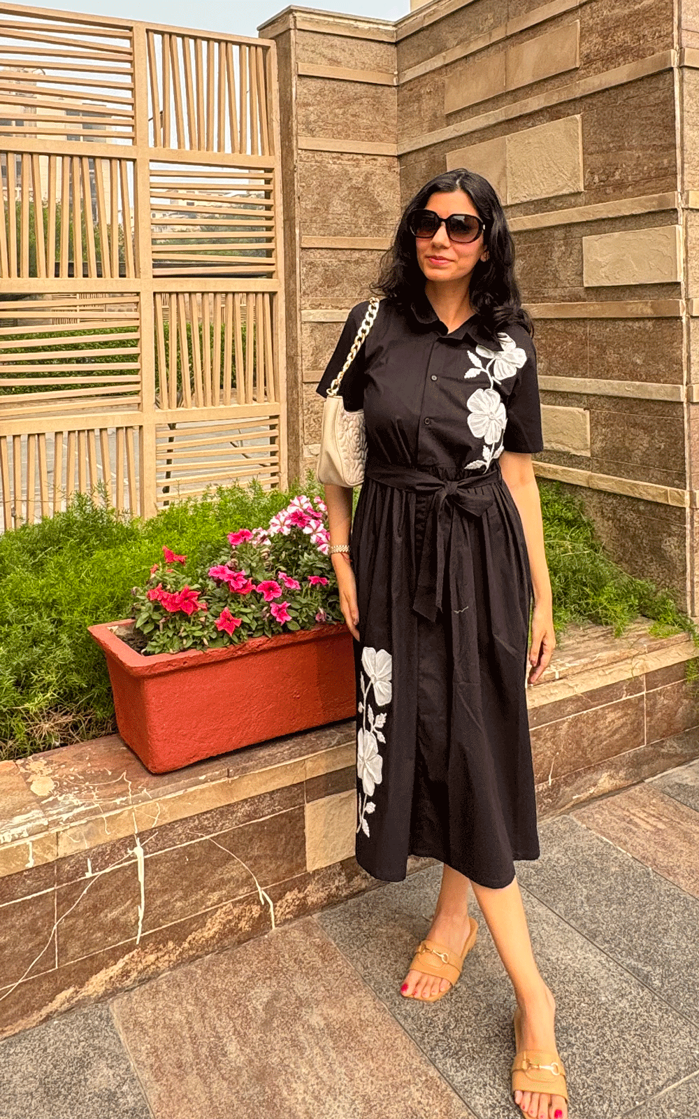 Black Cotton appliqué embroidered shirt dress