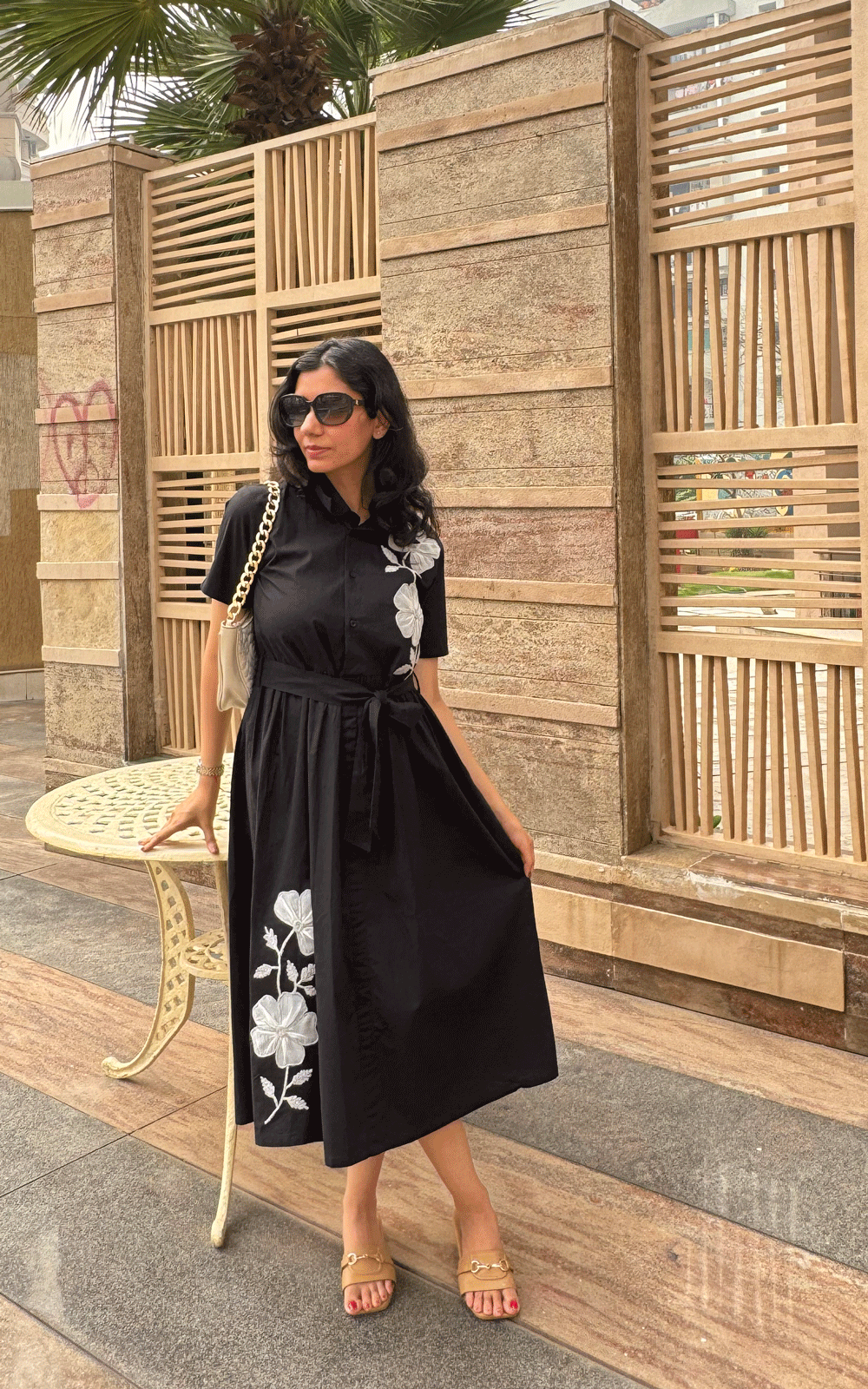 Black Cotton appliqué embroidered shirt dress