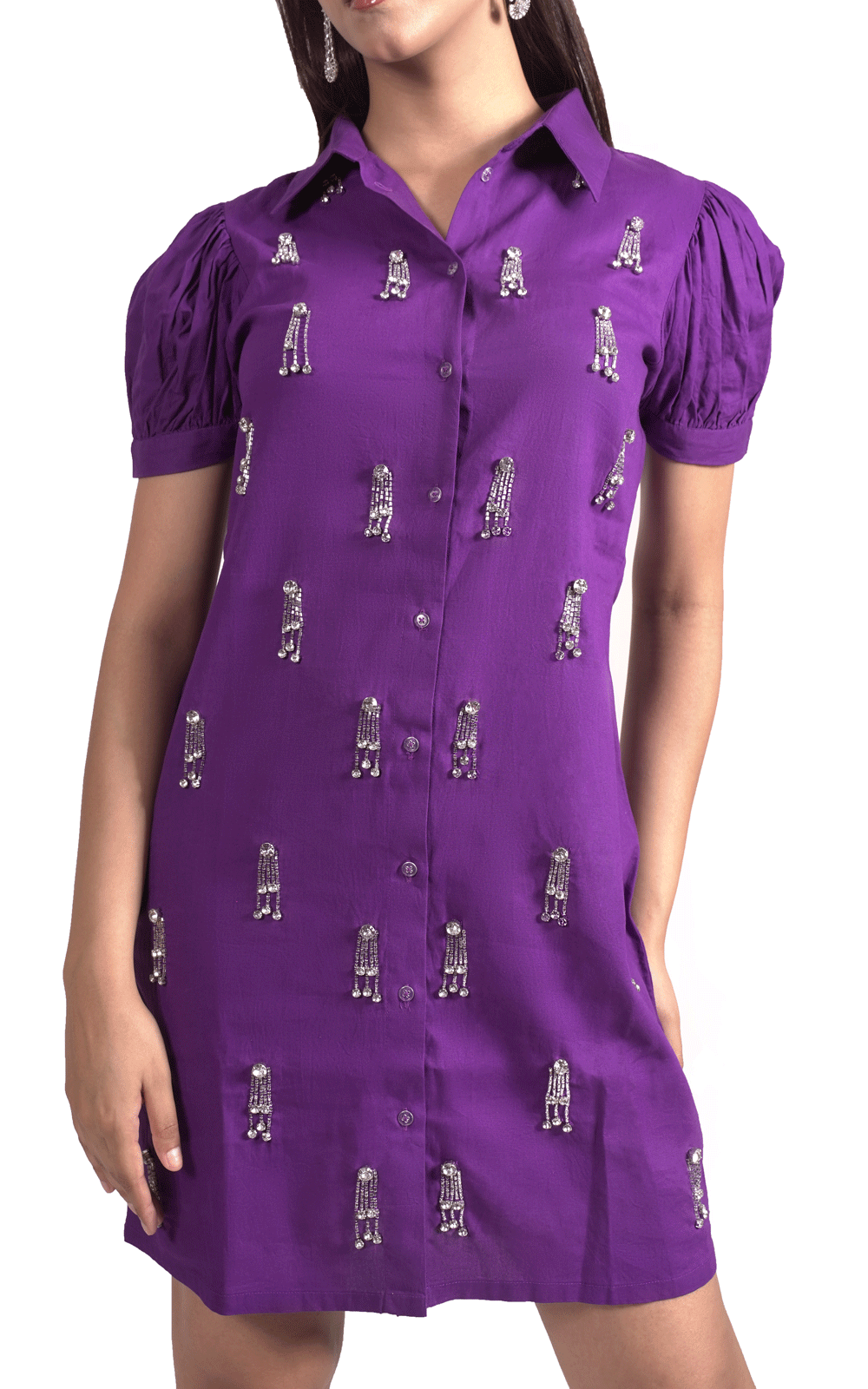 Purple cotton stones embellished shirt dress