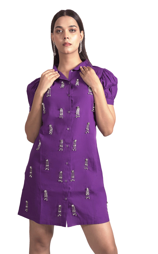 Purple cotton stones embellished shirt dress