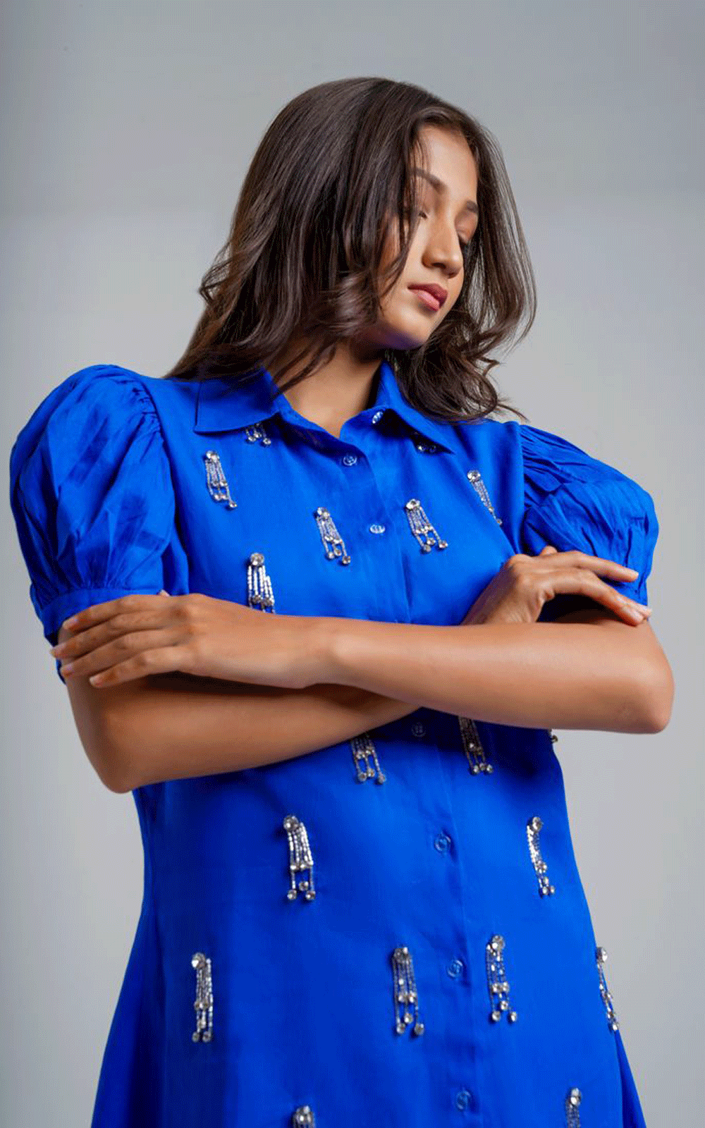 Bedazzled- cotton crystal stones embellished shirt dress