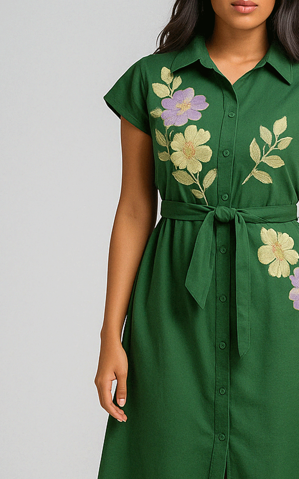 Forest-Green thread embroidered shirt dress
