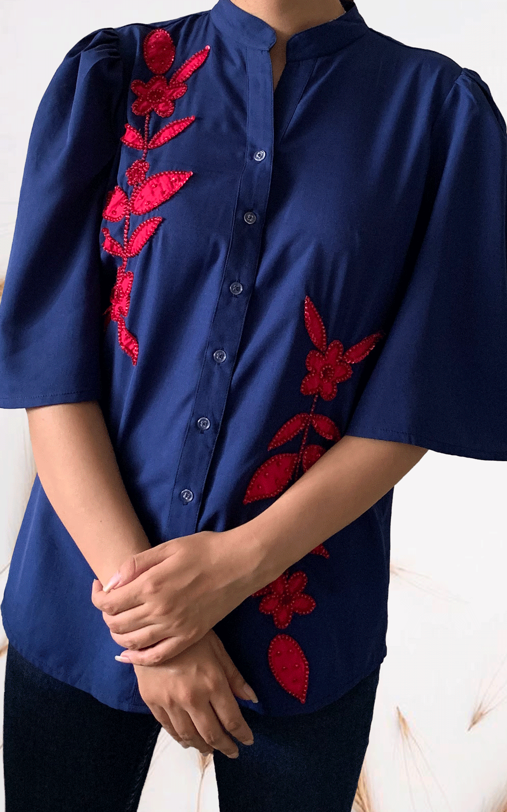 Patch hand embroidered woman's shirt