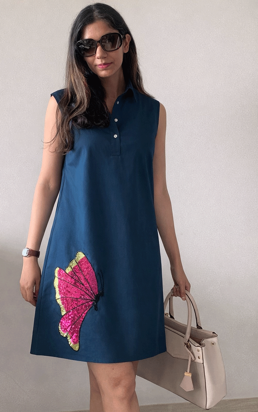 Butterfly embroidered cotton - shirt dress