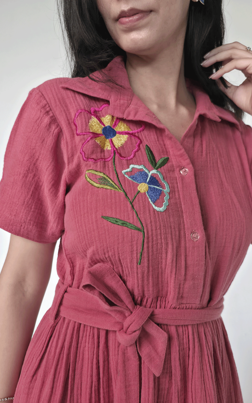 Coral-gauze  maxi embroidered dress
