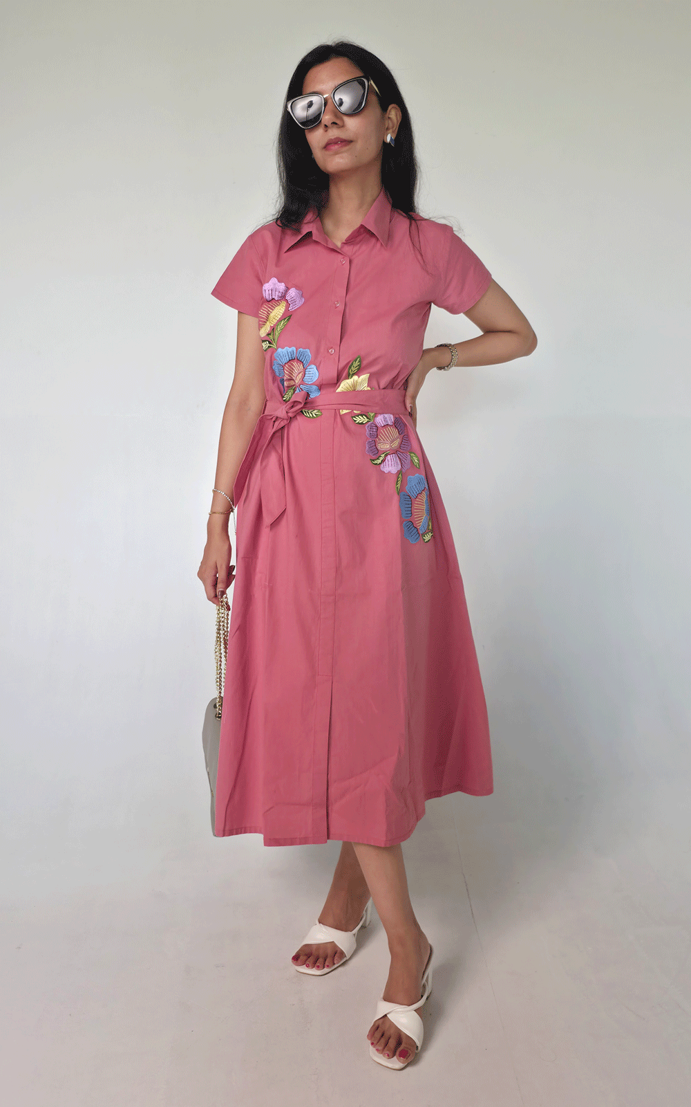 CORAL PINK- COTTON  thread embroidered maxi  dress