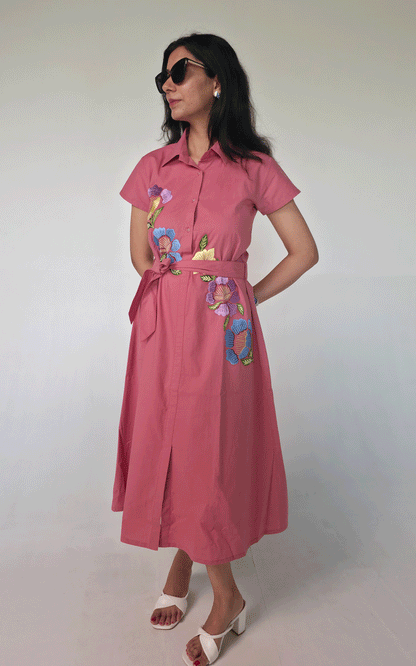 CORAL PINK- COTTON  thread embroidered maxi  dress