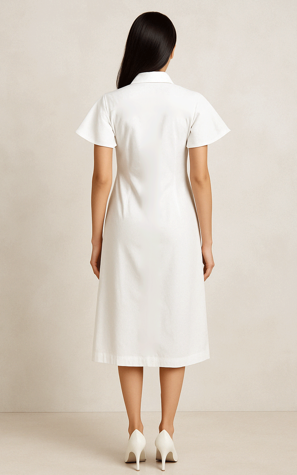 White cotton- thread embroidered shirt dress