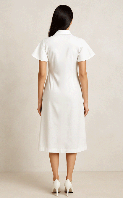 White cotton- thread embroidered shirt dress