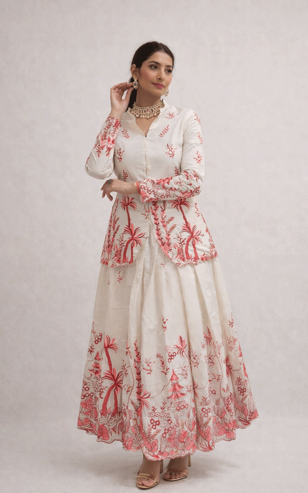 Thread embroidered blazer skirt coord set