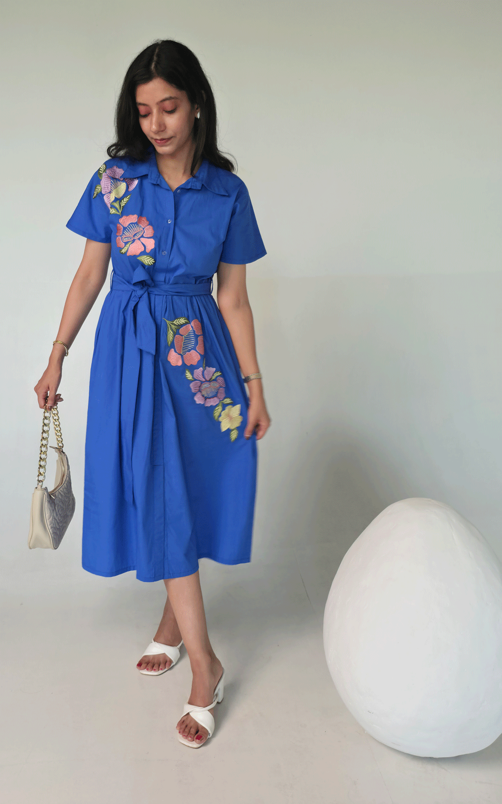 Azure- blue thread embroidered maxi  dress