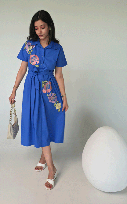Azure- blue thread embroidered maxi  dress