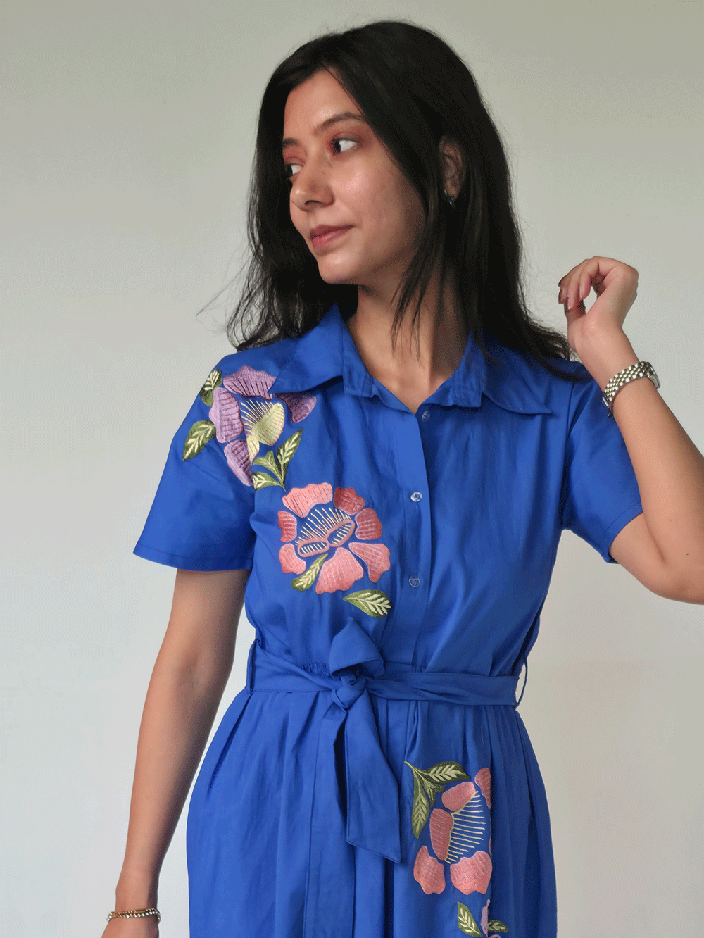 Azure- blue thread embroidered maxi  dress