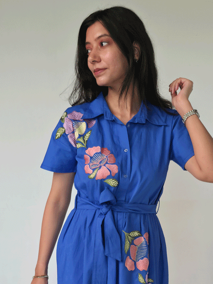 Azure- blue thread embroidered maxi  dress