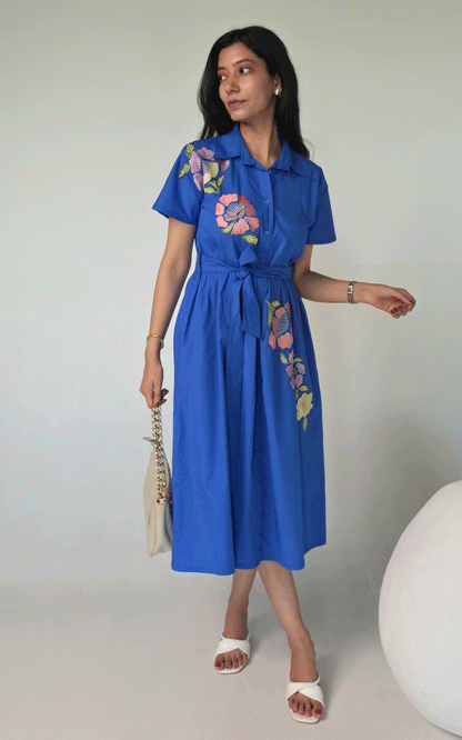 Azure- blue thread embroidered maxi  dress