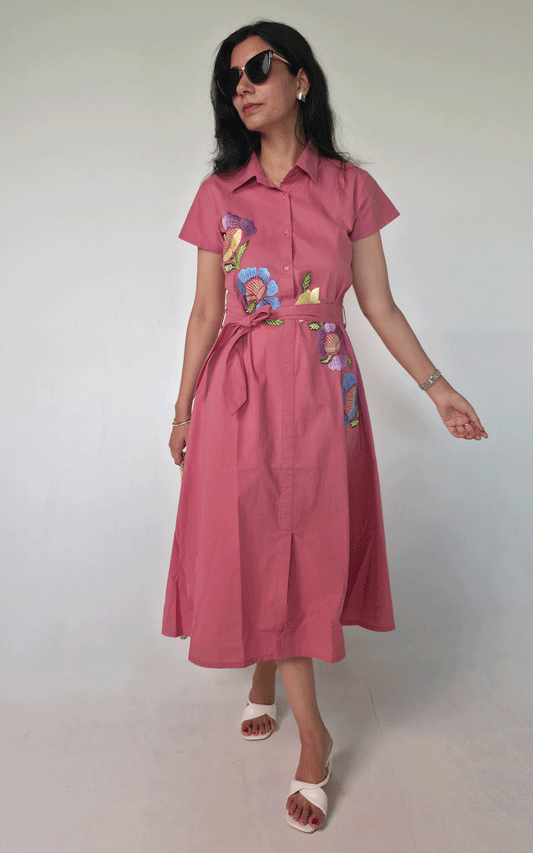 CORAL PINK- COTTON  thread embroidered maxi  dress