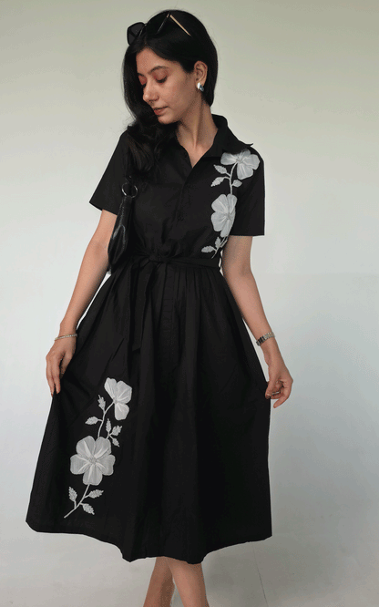 Black Cotton appliqué  embroidered shirt dress