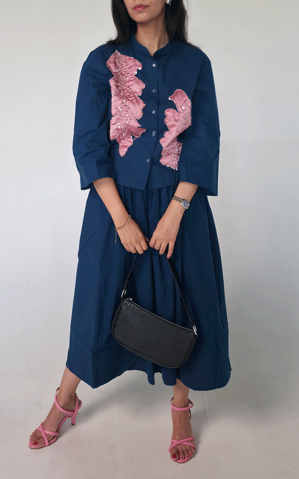 Fabric Applique Embroidered shirt -skirt cord set