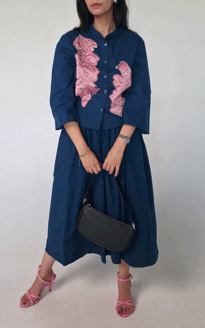 Fabric Applique Embroidered shirt -skirt cord set