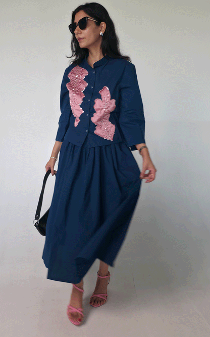 Fabric Applique Embroidered shirt -skirt cord set