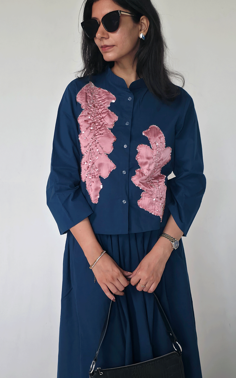 Fabric Applique Embroidered shirt -skirt cord set