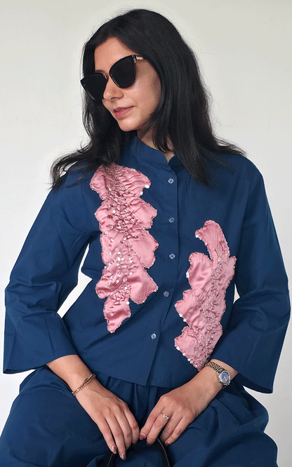Fabric Applique Embroidered shirt -skirt cord set