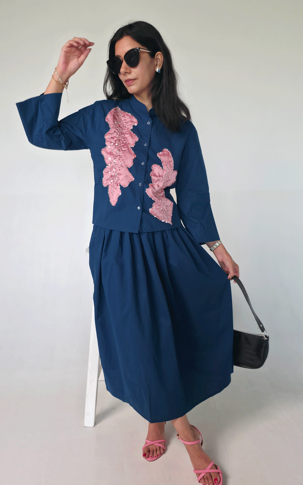 Fabric Applique Embroidered shirt -skirt cord set