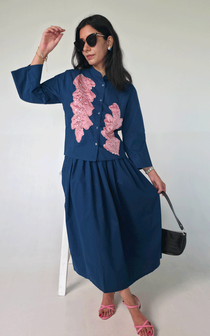 Fabric Applique Embroidered shirt -skirt cord set