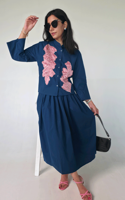 Fabric Applique Embroidered shirt -skirt cord set