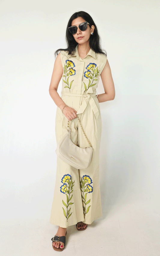 Creme embroidered jumpsuit