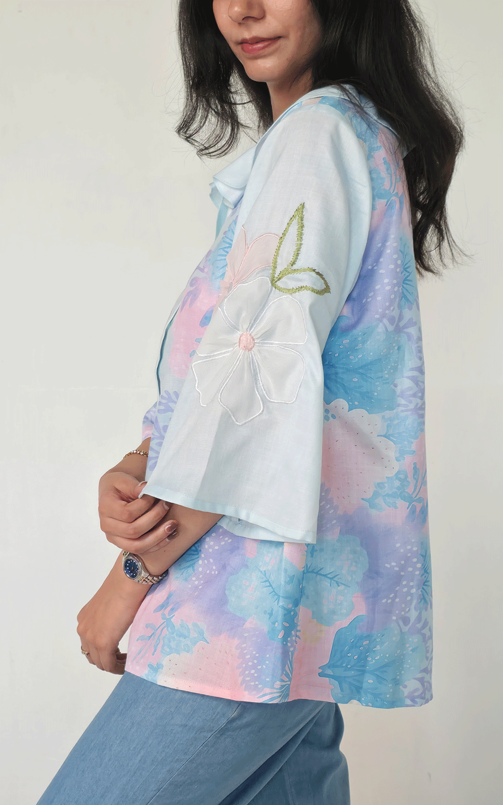 BLUE PRINTED COTTON APPLIQUE SHIRT
