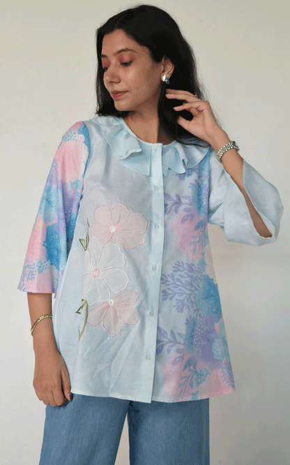 BLUE PRINTED COTTON APPLIQUE SHIRT