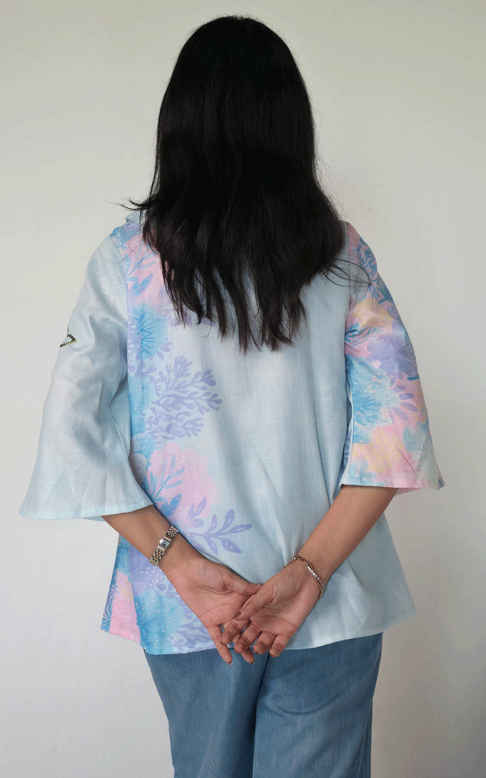 BLUE PRINTED COTTON APPLIQUE SHIRT