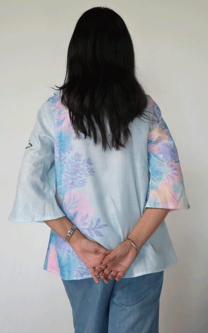 BLUE PRINTED COTTON APPLIQUE SHIRT