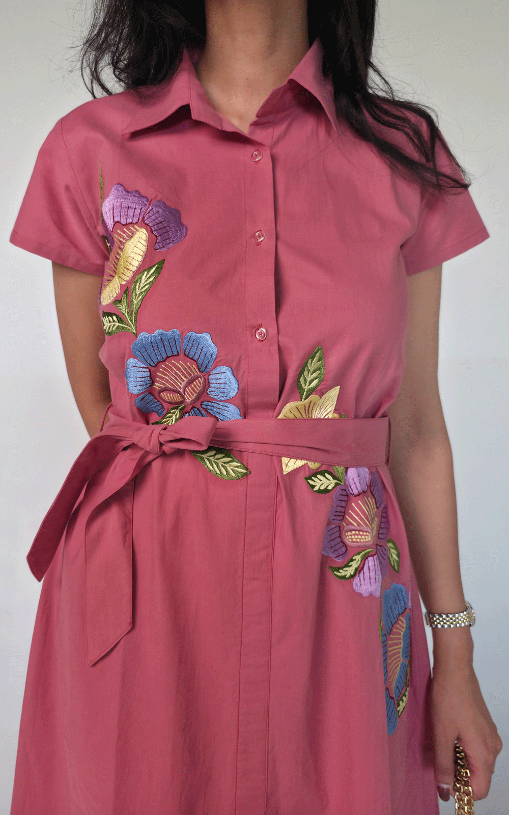 CORAL PINK- COTTON  thread embroidered maxi  dress